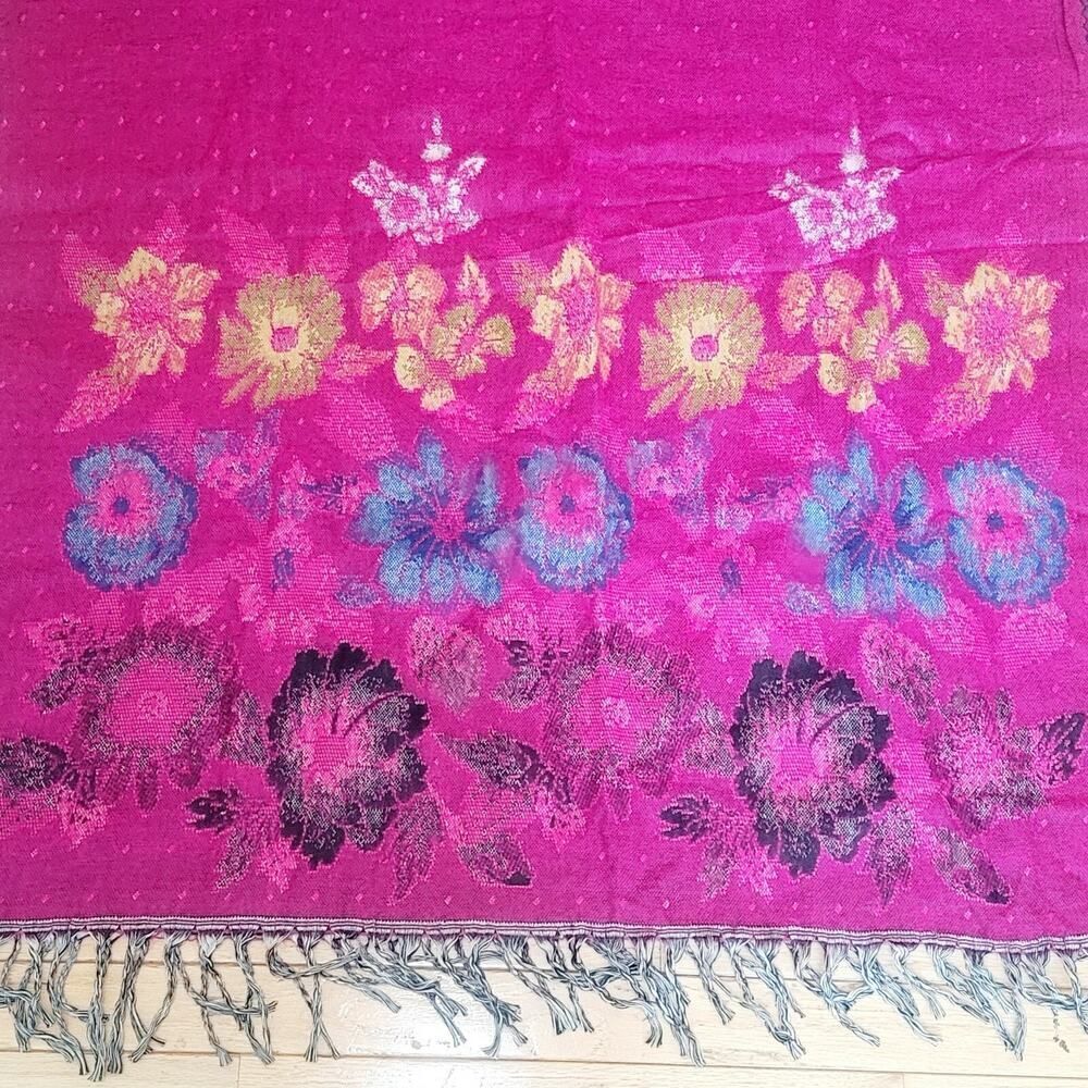 High Quality Tibet Hand Loom Yak Wool Shawl Scarf Reversible Pink Floral 36x80 - Picture 2 of 4